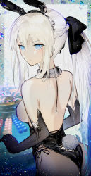 Rule 34 | 1girl, absurdres, animal ears, ass, back, bare shoulders, black bow, black gloves, black leotard, blue eyes, bow, braid, breasts, brown pantyhose, commentary request, detached collar, elbow gloves, fake animal ears, fate/grand order, fate (series), french braid, gloves, grey hair, hair bow, highleg, highleg leotard, highres, large breasts, leotard, long hair, looking at viewer, looking back, morgan le fay (fate), nitric  acid, nitric acid, pantyhose, playboy bunny, ponytail, rabbit ears, rabbit tail, roulette, roulette table, sideboob, sidelocks, solo, table, tail, very long hair