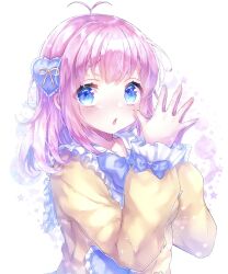 Rule 34 | 1girl, aki (akinyaaaaa), amauri miruki, antenna hair, blue bow, blue eyes, blush, bow, collared shirt, commentary request, frilled shirt collar, frills, hair ornament, hands up, heart, heart hair ornament, highres, long sleeves, looking at viewer, open mouth, own hands clasped, own hands together, pink hair, pretty series, shirt, short hair, solo, upper body, waccha primagi!, white background, yellow shirt