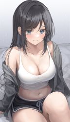 Rule 34 | 1girl, absurdres, bare shoulders, black hair, black jacket, black shorts, blue eyes, breasts, camisole, closed mouth, crop top, dolphin shorts, drawstring, highres, jacket, large breasts, long hair, looking at viewer, midriff, navel, off shoulder, open clothes, open jacket, original, short shorts, shorts, sidelocks, sitting, solo, swept bangs, thighs, ttusee5, white camisole