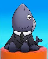 Rule 34 | 1boy, black jacket, black necktie, blue background, button eyes, buttons, character doll, clero (viprimo), collared shirt, fins, fish boy, fish tail, formal, h2osakana, highres, jacket, logo, necktie, no pants, phase connect, shirt, sitting, stitches, suit, tail, white shirt