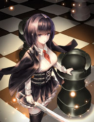 Rule 34 | 1girl, bad id, bad pixiv id, black hair, black jacket, black skirt, black thighhighs, blazer, blue eyes, breasts, chess piece, chessboard, collared shirt, cup6542, frilled skirt, frills, from above, hair intakes, highres, holding, holding sword, holding weapon, jacket, jacket on shoulders, light particles, long hair, long sleeves, looking at viewer, medium breasts, miniskirt, open clothes, open jacket, original, parted lips, red neckwear, ribbed shirt, rook (chess), school uniform, shirt, sidelocks, skirt, solo, standing, sword, thighhighs, underbust, weapon, white shirt, zettai ryouiki