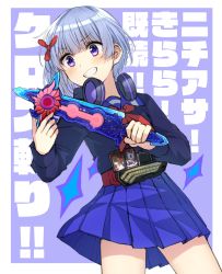 Rule 34 | 1girl, text background, black shirt, blue sailor collar, blue skirt, blush, copyright request, grey hair, grin, hair ornament, highres, holding, kamen rider, kamen rider saber (series), long sleeves, looking at viewer, pleated skirt, purple background, purple eyes, sailor collar, school uniform, serafuku, shirt, skirt, smile, solo, somechime (sometime1209), translation request, two-tone background, v-shaped eyebrows, white background