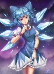 Rule 34 | 1girl, aged up, blouse, blue dress, blue eyes, blue hair, blue ribbon, bow, cirno, clothes lift, cowboy shot, dress, dress shirt, eyelashes, finger to mouth, fingernails, forth (forthtin), frilled dress, frills, hair bow, highres, ice, ice wings, looking at viewer, neck ribbon, puffy short sleeves, puffy sleeves, red ribbon, ribbon, shirt, short hair, short sleeves, skirt, skirt lift, smile, solo, touhou, white shirt, wings, wristband