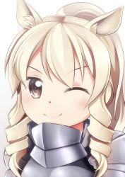 Rule 34 | &gt;;), 10s, 1girl, animal ears, armor, blush, brown eyes, close-up, closed mouth, commentary request, drill hair, highres, kemono friends, long hair, looking at viewer, one eye closed, ponytail, ringlets, sidelocks, simple background, smile, solo, tareme, upper body, v-shaped eyebrows, white background, white rhinoceros (kemono friends), yasume yukito