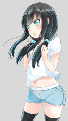 Rule 34 | 10s, 1girl, :o, alternate costume, asashio (kancolle), black hair, black thighhighs, blue eyes, blue hair, blush, comah, commentary request, contrapposto, cowboy shot, gradient hair, grey background, hair ornament, hair scrunchie, kantai collection, legs apart, looking afar, looking away, low twintails, multicolored hair, navel, open mouth, pocket, ribbon, scrunchie, shirt, short sleeves, simple background, solo, standing, stomach, thighhighs, tsurime, twintails, white ribbon, white shirt