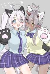 2girls ahoge animal_ears animal_hands azur_lane blue_eyes blush cat_ears checkered_clothes checkered_skirt dark-skinned_female dark_skin embarrassed fake_animal_ears grey_hair hands_up heart heart_ahoge heterochromia high_ponytail highres indianapolis_(azur_lane) long_hair looking_at_viewer multiple_girls necktie np25np pleated_skirt portland_(azur_lane) purple_necktie purple_skirt school_uniform skirt white_hair yellow_eyes