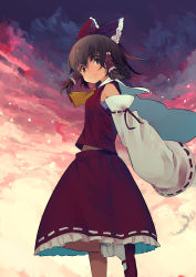 Rule 34 | 1girl, ascot, bare shoulders, bobby socks, bow, brown eyes, brown hair, closed mouth, detached sleeves, frilled bow, frilled skirt, frills, from below, hair between eyes, hair bow, hair tubes, hakurei reimu, highres, leg up, looking at viewer, mary janes, midriff peek, mieharu, nontraditional miko, outdoors, red bow, red skirt, shirt, shoes, short hair, sidelocks, skirt, sleeveless, sleeveless shirt, sleeves past wrists, smile, socks, solo, standing, standing on one leg, touhou, white socks, yellow ascot