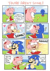 Rule 34 | 1boy, 1girl, amy rose, angry, annoyed, blue eyes, brown hair, comic, cosplay, crossover, dress, facial hair, gloves, green eyes, grin, heart, hug, hug from behind, looking at another, mario, mario (series), mustache, nintendo, pointing, sega, smile, sonic (series), sonic the hedgehog, sonic the hedgehog (cosplay), speech bubble, spoken heart, talking
