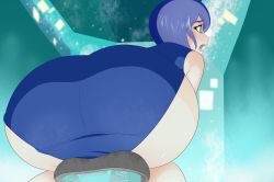Rule 34 | 1girl, ass, ass focus, blue hair, blush, brown hair, derivative work, flip flappers, from behind, highres, huge ass, kokomine cocona, one-piece swimsuit, reference work, school swimsuit, screenshot redraw, short hair, sitting, solo, sweat, swimsuit, young kappa