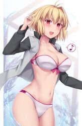 Rule 34 | 1girl, absurdres, antenna hair, arcueid brunestud, bikini, blonde hair, breasts, cleavage, commentary request, eighth note, hair intakes, highres, jacket, large breasts, multicolored clothes, multicolored jacket, musical note, red eyes, short hair, solo, soukitsu, spoken musical note, swimsuit, tsukihime, two-tone jacket, white bikini