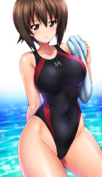 Rule 34 | 1girl, :o, bare shoulders, black one-piece swimsuit, blush, breasts, brown eyes, brown hair, collarbone, competition swimsuit, covered navel, cross, dated, emblem, girls und panzer, groin, hair between eyes, highleg, highleg swimsuit, holding, holding towel, impossible clothes, impossible swimsuit, kamogawa tanuki, kuromorimine (emblem), large breasts, looking at viewer, nishizumi maho, one-piece swimsuit, short hair, sidelocks, signature, solo, swimsuit, towel, water, wet, white background, white towel