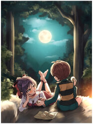 Rule 34 | 1girl, absurdres, ankle ribbon, aqua shorts, barefoot, border, bow, breasts, brown hair, choker, collarbone, dress, food, forest, from behind, full moon, gegege no kitarou, hair bow, highres, indian style, kitarou, leg ribbon, legs up, long sleeves, looking at another, lying, moon, nature, nekomusume, nekomusume (gegege no kitarou 6), night, on stomach, open mouth, outdoors, pinafore dress, profile, purple hair, purple ribbon, red bow, red choker, red dress, red ribbon, ribbon, shirt, short dress, short hair, short shorts, shorts, silanduqiaocui, sitting, sleeveless, sleeveless dress, small breasts, soles, the pose, toes, white border, white shirt, yellow eyes