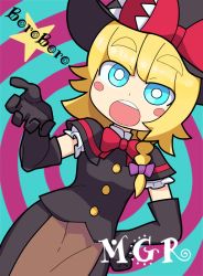 Rule 34 | 1girl, apron, black dress, black gloves, black hat, blonde hair, blouse, blue background, blue eyes, blush stickers, bow, bowtie, braid, brown apron, buttons, character name, chibi, commentary, cookie (touhou), dress, dutch angle, elbow gloves, gloves, hair bow, hand on own hip, hand up, hat, hat bow, hospital king, kirisame marisa, long hair, looking to the side, meguru (cookie), open mouth, pink bow, purple background, red bow, red bowtie, shirt, short sleeves, single braid, solo, spiral background, standing, star (symbol), teeth, thick eyebrows, touhou, two-tone background, upper teeth only, waist apron, white shirt, witch hat