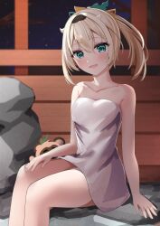 Rule 34 | 1girl, aqua eyes, bare shoulders, blonde hair, highres, hololive, kazama iroha, looking at viewer, naked towel, onsen, open mouth, ponytail, sitting, smile, solo, torimuraa, towel, virtual youtuber