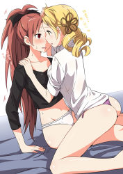 Rule 34 | 10s, 2girls, arm support, ass, bad id, bad pixiv id, bed sheet, blonde hair, blush, collarbone, drill hair, eye contact, face-to-face, fang, forehead-to-forehead, groin, hair ornament, hair ribbon, heads together, legs, long hair, long legs, looking at another, mahou shoujo madoka magica, mahou shoujo madoka magica (anime), misu kasumi, multiple girls, navel, no pants, open mouth, panties, ponytail, purple panties, red eyes, red hair, ribbon, sakura kyoko, sitting, sleeves rolled up, straddling, sweat, thighs, thong, tomoe mami, translated, twin drills, twintails, underwear, white panties, yellow eyes, yuri