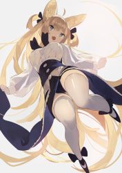 Rule 34 | 1girl, ahoge, animal ears, backlighting, black panties, blonde hair, blue eyes, breasts, commentary, fang, from below, grey background, hajime (hajime-ill-1st), high-waist skirt, highres, large breasts, long hair, long sleeves, miniskirt, original, panties, puffy sleeves, see-through silhouette, simple background, skin fang, skirt, solo, thighhighs, two side up, underwear, upskirt, very long hair, white thighhighs