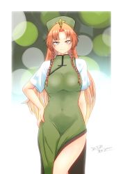 Rule 34 | 1girl, braid, breasts, china dress, chinese clothes, commentary, covered navel, dated, dress, green eyes, hand on own hip, hat, highres, hong meiling, large breasts, long hair, looking at viewer, orange hair, parted bangs, short sleeves, side slit, smile, solo, star (symbol), tmmksodm, touhou, twin braids, very long hair
