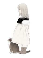 Rule 34 | 1girl, aged down, animal, arms behind back, black vest, blunt bangs, cat, child, closed mouth, crop top, crop top overhang, dress, dungeon meshi, falin touden, falin touden (tallman), from side, frs2, full body, fur-trimmed sleeves, fur trim, grey hair, highres, layered sleeves, long hair, long sleeves, looking ahead, pants, profile, sad, short over long sleeves, short sleeves, simple background, standing, vest, white background, white dress, white pants, winter clothes