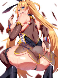 Rule 34 | 1girl, animal ears, anus, ass, back, bad id, bad pixiv id, bare shoulders, black footwear, black leotard, blonde hair, blue eyes, blush, bradamante (fate), bradamante (welcome bunny) (fate), breasts, bridal gauntlets, card, fate/grand order, fate (series), hair between eyes, high heels, highres, large breasts, leotard, long hair, looking at viewer, looking back, magukappu, nipples, open mouth, playing card, puffy nipples, pussy, rabbit ears, rabbit tail, simple background, solo, squatting, sweat, tail, thighs, twintails, very long hair, white background, wrist cuffs
