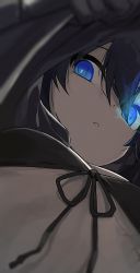 Rule 34 | angle, bikini, black bikini, black hair, black rock shooter, black rock shooter (character), blue eyes, breasts, commentary, flaming eye, flat chest, from below, glowing, glowing eye, hair between eyes, highres, hiroki (yyqw7151), long hair, looking at viewer, looking down, low angle, midriff, pale skin, parted lips, small breasts, solo, swimsuit, upper body, upshirt