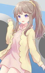 Rule 34 | 1girl, :d, absurdres, arm at side, blush, brown hair, clenched hand, coat, cowboy shot, drawstring, dress, dutch angle, fujishima megumi, hand up, high ponytail, highres, hood, hoodie, link! like! love live!, long hair, long hoodie, long sleeves, looking at viewer, love live!, open clothes, open coat, open mouth, pink dress, pink hoodie, purple eyes, short dress, sidelocks, sleeves past wrists, smile, solo, virtual youtuber, yellow coat, yutuki ame