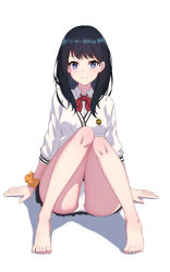 Rule 34 | 10s, 1girl, barefoot, black hair, blue eyes, blush, bow, bowtie, cardigan, closed mouth, full body, gridman universe, highres, legs, long sleeves, looking at viewer, orange scrunchie, panties, red bow, red bowtie, scrunchie, shirt, short hair, simple background, sitting, smile, solo, ssss.gridman, takarada rikka, underwear, user evv5870, white background, white cardigan, white panties, white shirt, wrist scrunchie