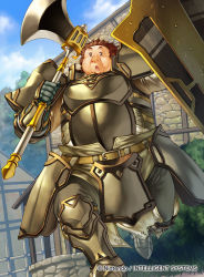 Rule 34 | 1boy, :o, armor, axe, belt, boots, brom, brown eyes, brown hair, building, cloud, company name, day, fat, fat man, fire emblem, fire emblem: radiant dawn, fire emblem cipher, full body, grey footwear, grey pants, holding, holding axe, holding shield, kita senri, looking at viewer, male focus, nintendo, official art, outdoors, pants, running, shield, shoulder armor, solo, sweat, sweatdrop, tree, watermark