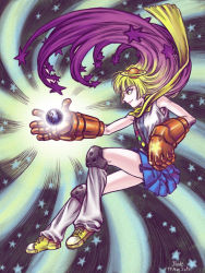 Rule 34 | 1girl, artist name, blade of fury, blonde hair, dated, earth (planet), giant, giantess, gradient hair, huge giantess, knee pads, leg warmers, mechanical arms, multicolored hair, pin, purple hair, saturn (planet), scarf, shoes, skirt, sleeveless, smile, sneakers, solo, starpunch girl, starpunch girl (character), yellow eyes
