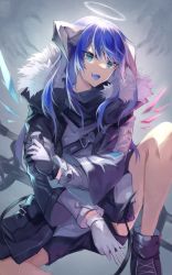 Rule 34 | 1girl, arknights, black footwear, black jacket, black scarf, black shorts, blue eyes, blue hair, blue tongue, boots, buckle, commentary, demon horns, demon tail, energy wings, fang, fur-trimmed hood, fur trim, gloves, halo, highres, hood, horns, jacket, knee up, long hair, long sleeves, looking at viewer, mostima (arknights), open clothes, open jacket, open mouth, pouch, sasa onigiri, scarf, shirt, shorts, solo, staff, strap, tail, v, weapon, white gloves, white shirt