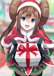 Rule 34 | 1girl, blue eyes, blush, box, breasts, brown hair, creatures (company), double bun, dress, fur trim, game freak, gift, gift box, hair bun, highres, igayan, long hair, long sleeves, looking at viewer, nintendo, official alternate costume, open mouth, pokemon, pokemon masters ex, red dress, rosa (holiday 2019) (pokemon), rosa (pokemon), santa costume, smile, solo, twintails