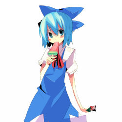 Rule 34 | 1girl, blue eyes, blue hair, bow, cirno, dress, female focus, food, fruit, kanikama, matching hair/eyes, popsicle, simple background, solo, touhou, watermelon, watermelon bar, white background