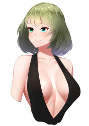 Rule 34 | 1girl, absurdres, black dress, blue eyes, breasts, breasts apart, collarbone, cropped arms, cropped torso, dress, green eyes, green hair, halter dress, halterneck, heterochromia, highres, idolmaster, idolmaster cinderella girls, idolmaster cinderella girls starlight stage, looking to the side, medium breasts, mole, mole under eye, plunging neckline, senju (snz0), short hair, simple background, smile, solo, takagaki kaede, upper body, white background