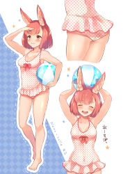 Rule 34 | 1girl, :3, :d, animal ear fluff, animal ears, ass, ball, bare arms, bare legs, bare shoulders, barefoot, beachball, blush, breasts, rabbit ears, calm mashiro, cleavage, etrian odyssey, closed eyes, full body, hand on forehead, hound (sekaiju), medium breasts, multiple views, one-piece swimsuit, open mouth, orange eyes, polka dot, polka dot swimsuit, red hair, red one-piece swimsuit, sekaiju no meikyuu, sekaiju no meikyuu 5, short hair, smile, standing, swimsuit, translation request, white background, white one-piece swimsuit