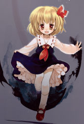 Rule 34 | 1girl, bad id, bad pixiv id, biyon, blonde hair, child, clothes lift, darkness, dress, dress lift, embodiment of scarlet devil, fang, female focus, hair ribbon, highres, mary janes, red eyes, ribbon, rumia, shoes, short hair, solo, touhou
