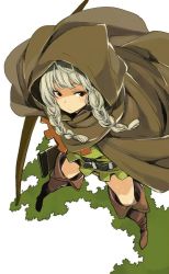 Rule 34 | 1girl, belt, black eyes, boots, bow (weapon), braid, cloak, dragon&#039;s crown, elf (dragon&#039;s crown), from above, hood, hooded cloak, imigimuru, silver hair, solo, thigh boots, thighhighs, twin braids, weapon