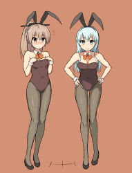 Rule 34 | 10s, 2girls, animal ears, bare shoulders, blush, breasts, brown hair, cleavage, fake animal ears, green hair, hands on own hips, highres, kantai collection, kumano (kancolle), leotard, long hair, looking at viewer, multiple girls, pantyhose, personification, playboy bunny, ponytail, rabbit ears, red background, simple background, smile, suzuya (kancolle), yuugiri (u-slash)