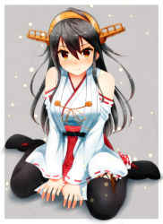 Rule 34 | 10s, 1girl, bare shoulders, black footwear, black hair, black thighhighs, boots, breasts, brown eyes, detached sleeves, hair ornament, hairband, hairclip, haruna (kancolle), headgear, highres, japanese clothes, kantai collection, kiko (okuwae), long hair, nontraditional miko, sitting, skirt, smile, solo, thigh boots, thighhighs, wariza, weavehabit