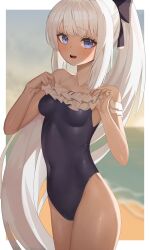 Rule 34 | 1girl, absurdres, adjusting clothes, adjusting swimsuit, beach, black one-piece swimsuit, blue archive, blunt bangs, blurry, bow, casual one-piece swimsuit, collarbone, commentary, depth of field, frilled one-piece swimsuit, frills, gimseol, hair between eyes, hair bow, hair ribbon, highres, leaning back, long hair, looking at viewer, miyako (blue archive), miyako (swimsuit) (blue archive), ocean, official alternate costume, official alternate hairstyle, one-piece swimsuit, outdoors, ponytail, purple eyes, ribbon, sidelocks, sleeveless, solo, swimsuit, white hair