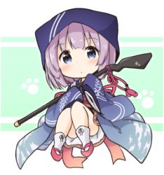 Rule 34 | 1girl, blue eyes, chibi, commentary request, headwear request, japanese clothes, looking at viewer, obi, original, sash, short hair, silver hair, sleeves past wrists, solo, tobi (nekomata homara), wide sleeves