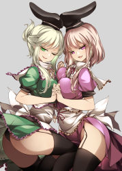 Rule 34 | 2girls, absurdres, apron, ass, black thighhighs, breast press, breasts, brown hair, commentary, dress, folded hair, frilled dress, frilled shirt collar, frills, garter straps, green dress, green eyes, green hair, grey background, hair between eyes, hat, highres, holding hands, large breasts, lips, long hair, looking at viewer, multiple girls, nishida satono, one eye closed, open mouth, pink dress, pink eyes, puffy short sleeves, puffy sleeves, raptor7, red neckwear, ribbon, short sleeves, simple background, smile, symbol-only commentary, symmetrical docking, tate eboshi, teireida mai, thighhighs, thighs, touhou, turtleneck, white apron, yellow neckwear