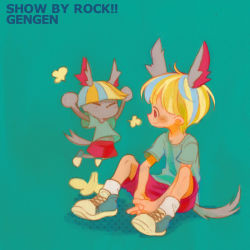 Rule 34 | 10s, 1boy, animal ears, blonde hair, blue background, character name, copyright name, dual persona, gengen (show by rock!!), male focus, multicolored hair, shirt, shoes, shorts, show by rock!!, simple background, sitting, sneakers, streaked hair, t-shirt, tail, wataori (ippuku shimasho)