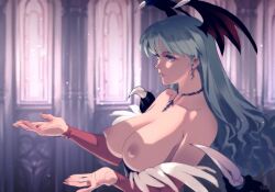 Rule 34 | 1girl, bat wings, breasts, bridal gauntlets, capcom, commentary, demon girl, earrings, english commentary, from side, green eyes, green hair, head wings, highres, jewelry, large breasts, long hair, morrigan aensland, necklace, nipples, optionaltypo, solo, topless, upper body, vampire (game), wings