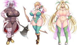 3girls areola_slip axe bare_shoulders blonde_hair blue_eyes bow breasts collar covered_erect_nipples dark-skinned_female dark_skin elbow_gloves elf female_focus female_orc game_cg gloves highres holding holding_weapon huge_breasts long_hair mature_female medium_hair moshimo_elf_to_orc_ga_iru_isekai_ni_itteshimattara multiple_girls muscular muscular_female navel official_art orc pichipichi_garou_r pointy_ears red_eyes revealing_clothes see-through_clothes standing stomach tagme thighhighs thighs weapon