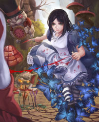 Rule 34 | 1girl, alice: madness returns, alice (alice in wonderland), alice liddell (american mcgee&#039;s alice), american mcgee&#039;s alice, american mcgee's alice, apron, black hair, blood, breasts, bug, butterfly, card knights, closed mouth, commentary request, dress, insect, jupiter symbol, knife, kome (okome-smile), long hair, mushroom, pantyhose, striped clothes, striped pantyhose, weapon, white rabbit (alice in wonderland)