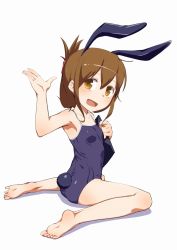 Rule 34 | 10s, 1girl, :d, animal ears, armpits, barefoot, brown eyes, brown hair, clipboard, competition school swimsuit, feet, folded ponytail, full body, inazuma (kancolle), kantai collection, kasai jushi, long hair, looking back, one-piece swimsuit, open mouth, playboy bunny swimsuit, rabbit ears, rabbit tail, school swimsuit, simple background, sitting, smile, soles, solo, swimsuit, tail, toes, wariza, waving, white background