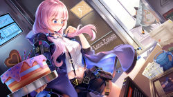 Rule 34 | 2girls, :x, arknights, artist name, asc11, belt, black choker, black shorts, blue eyes, blue jacket, blue poison (arknights), blue poison (elite ii) (arknights), blush, cake, choker, cup, desk, doctor (arknights), dutch angle, food, heart, highres, holding, holding tray, hood, horns, indoors, jacket, long hair, looking at viewer, low twintails, midriff, mug, multiple girls, navel, paper stack, pink hair, pouch, ptilopsis (arknights), shadow, shirt, shorts, silver hair, suspenders, thigh strap, tray, twintails, white shirt, window, yellow eyes