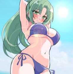 Rule 34 | 1girl, armpits, arms behind head, arms up, bikini, blue bikini, blue sky, blush, breasts, closed mouth, commentary request, cowboy shot, curvy, day, eyelashes, from below, green eyes, green hair, highres, higurashi no naku koro ni, large breasts, lens flare, long hair, looking at viewer, looking down, navel, outdoors, parted bangs, ponytail, shy, side-tie bikini bottom, sketch, sky, solo, sonozaki mion, stomach, sun, sweatdrop, swimsuit, tsurime, underboob, very long hair, yuno ff