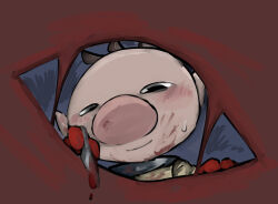 Rule 34 | 1boy, big nose, black eyes, blood, blood on clothes, blood on face, bloody knife, brown hair, closed mouth, commentary request, dissection, gloves, half-closed eyes, holding scalpel, knife, light blush, male focus, nintendo, no headwear, olimar, pikmin (series), pointy ears, pov, red gloves, short hair, smile, solo, spacesuit, sweatdrop, unusually open eyes, upper body, usuba (hatomugip), very short hair