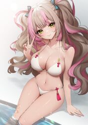 Rule 34 | 1girl, absurdres, alternate costume, ankkoyom, bare arms, bare shoulders, bikini, bow, breasts, brown hair, cleavage, closed mouth, collarbone, eversoul, green eyes, hair bow, halterneck, hand up, head tilt, highres, jiho (eversoul), large breasts, long hair, looking at viewer, multicolored hair, nail polish, navel, pink hair, pink nails, sitting, skindentation, smile, solo, stomach, strap gap, string bikini, swimsuit, thighs, two-tone hair, two side up, v, very long hair, water, wet, white bikini