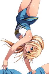 Rule 34 | 1girl, :d, arms up, blonde hair, blue dress, blue eyes, blush, body blush, breasts, cheerleader, cleavage, clothes writing, dress, handstand, highres, long hair, matsunaga kouyou, medium breasts, open mouth, ponytail, shiny skin, simple background, sleeveless, smile, solo focus, tareme, thighs, upside-down, white background
